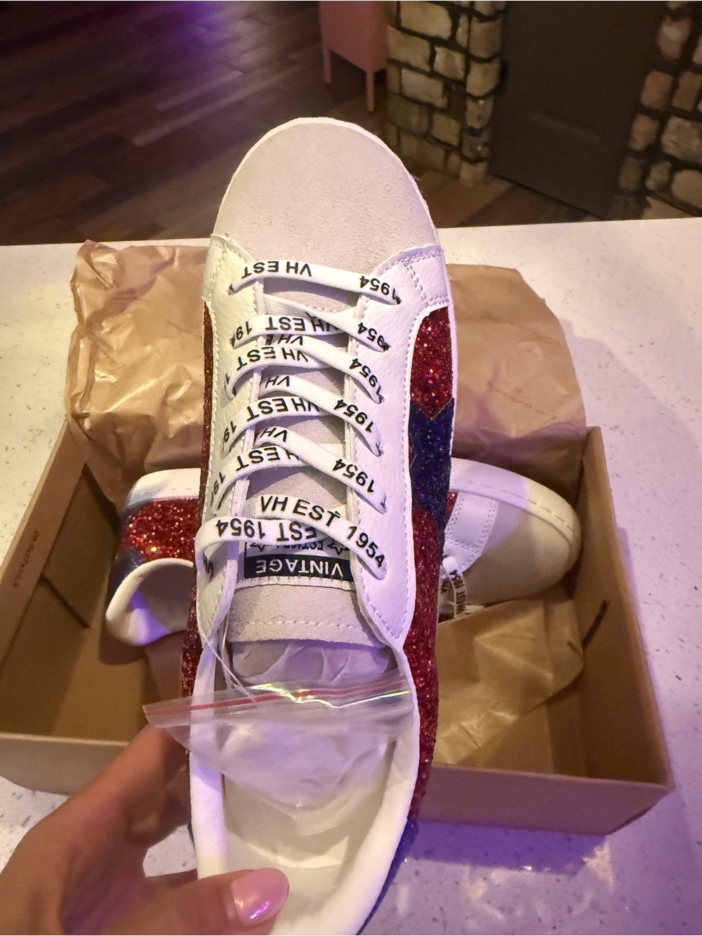 Vintage Havana Red Glitter Sneakers with Blue Star Accent